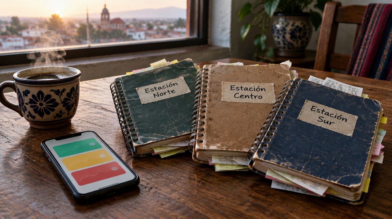 Un teléfono con la bandeja abierta junto a un café y tres libretas, una por estación