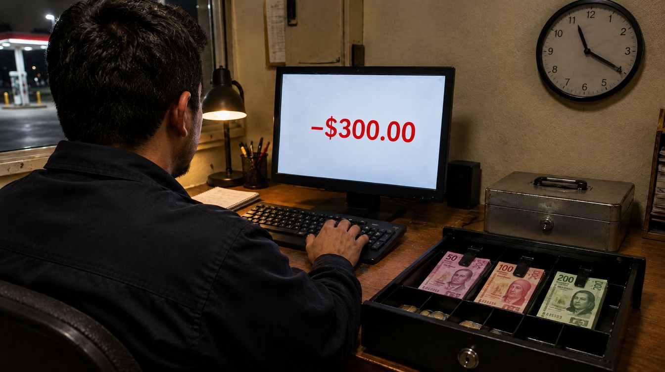 Un gerente, de noche, frente a la computadora que marca menos 300 pesos, con la caja del efectivo abierta a su lado.