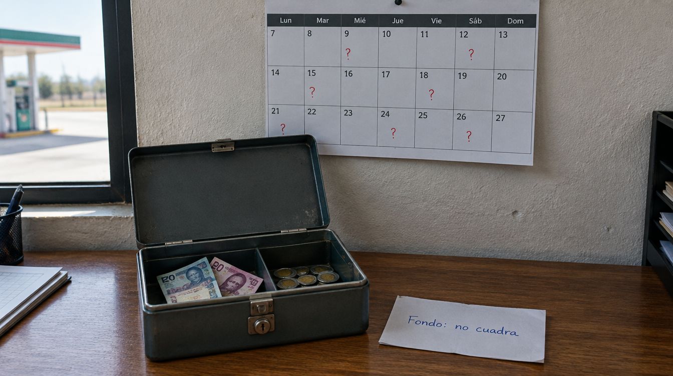 Una caja metálica con billetes y monedas sobre un escritorio, y un calendario de pared con el mes por contar.