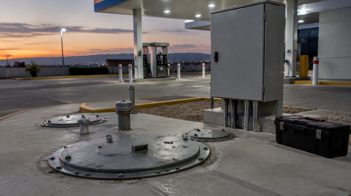 Las tapas de los tanques y el gabinete del volumétrico al atardecer