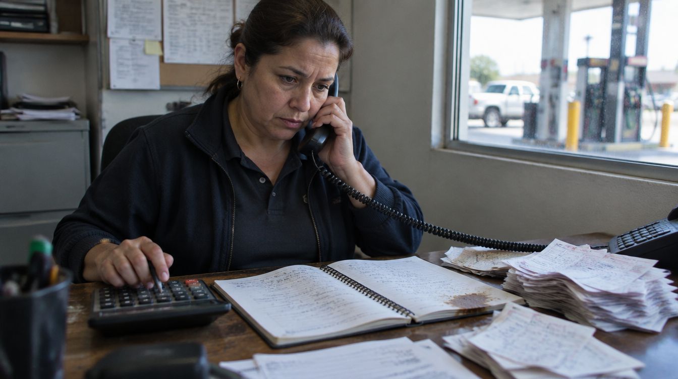 Una gerente al teléfono suma a mano con la calculadora, una libreta y papeles sueltos en la oficina de la estación.