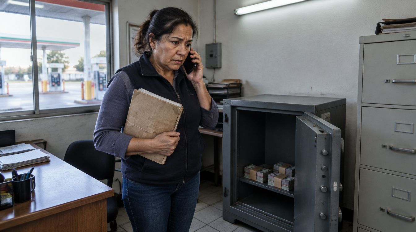Una gerente al teléfono, con un cuaderno en la mano, junto a la caja fuerte abierta