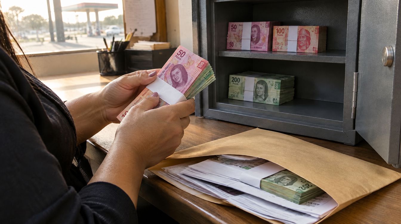 Manos que cuentan un paquete de billetes junto a la caja fuerte; otra fajilla asoma entre las facturas