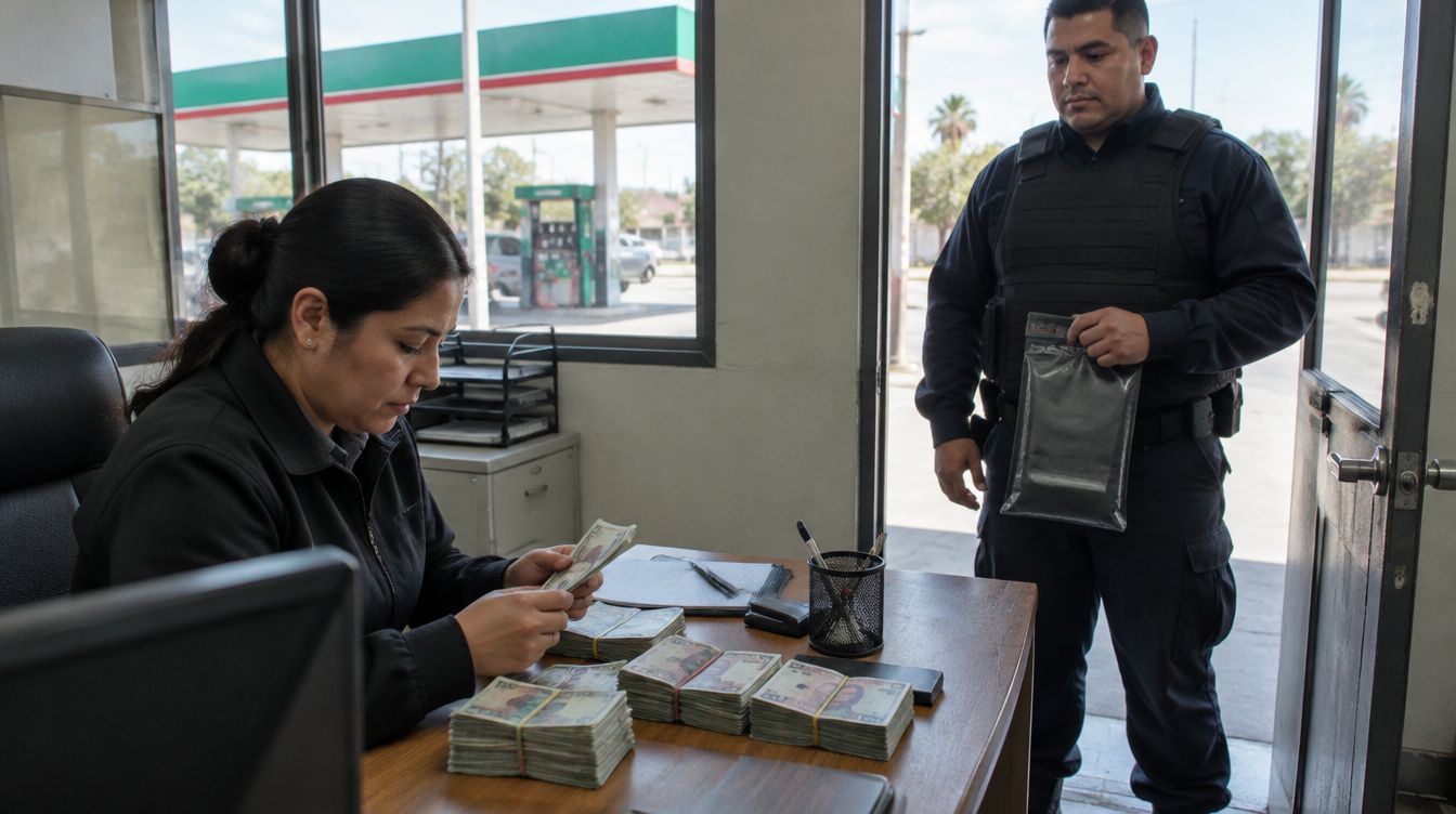 Un custodio de valores espera en la puerta mientras la gerente cuenta los paquetes de dinero