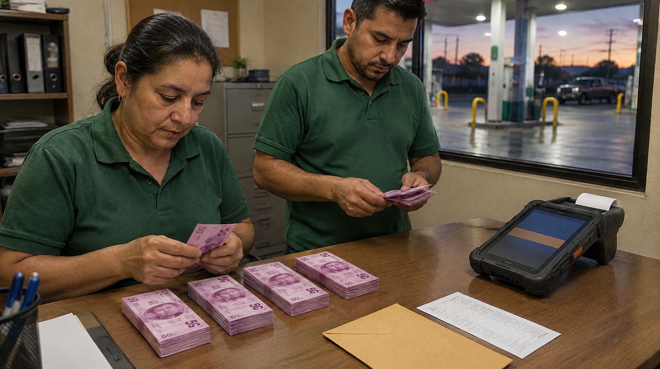 Una gerente y un despachador cuentan un sobre de efectivo en la oficina