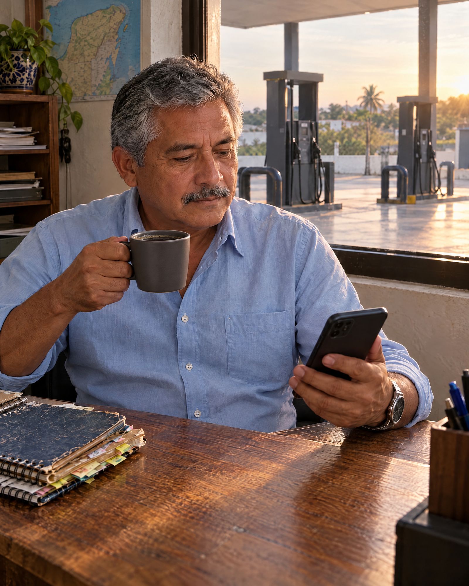 Don Ramiro, el dueño, toma su café y revisa su teléfono en la oficina de la estación.