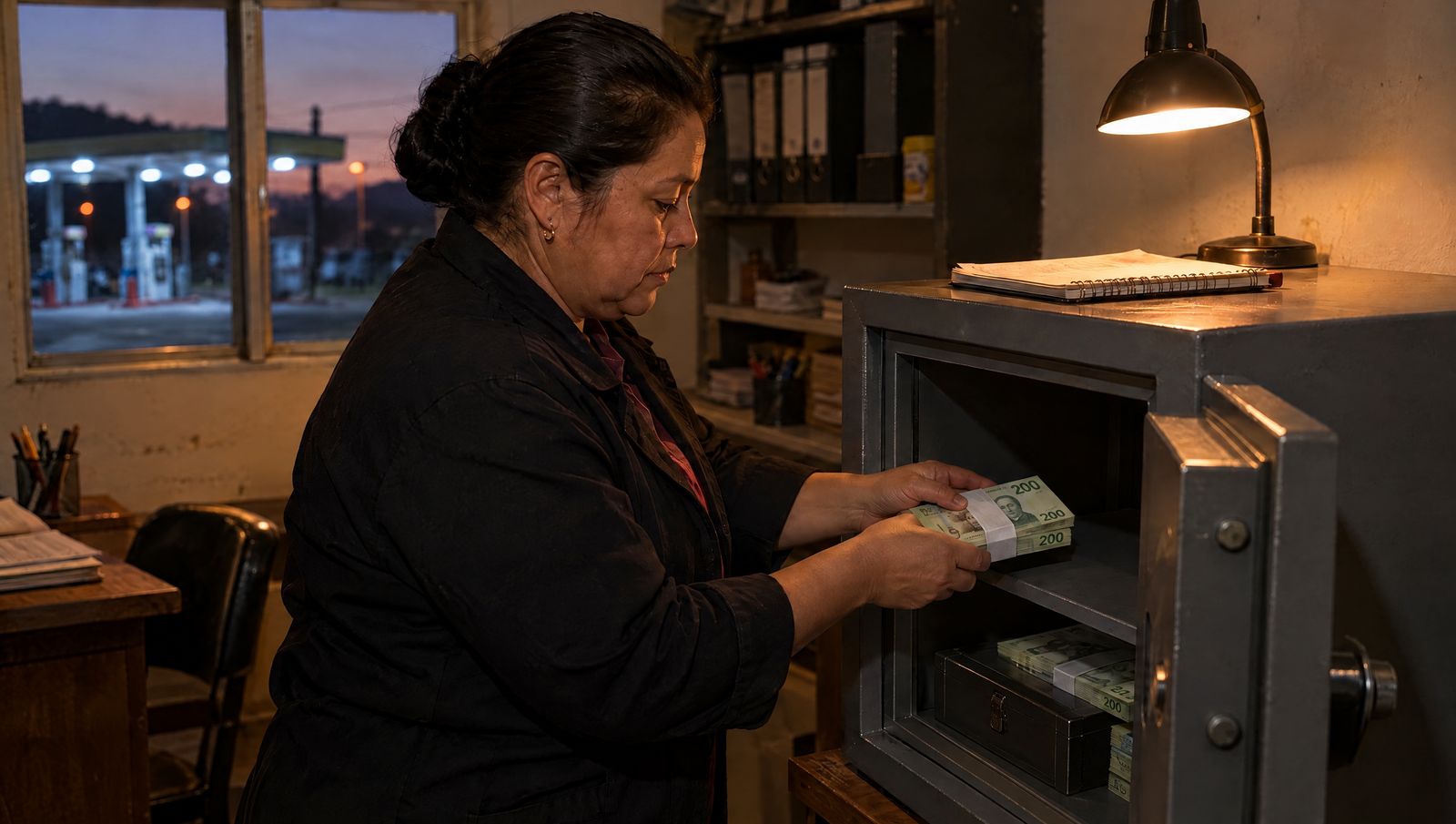 Carmen, la gerente, guarda en la caja fuerte de la oficina un paquete de billetes con su fajilla.