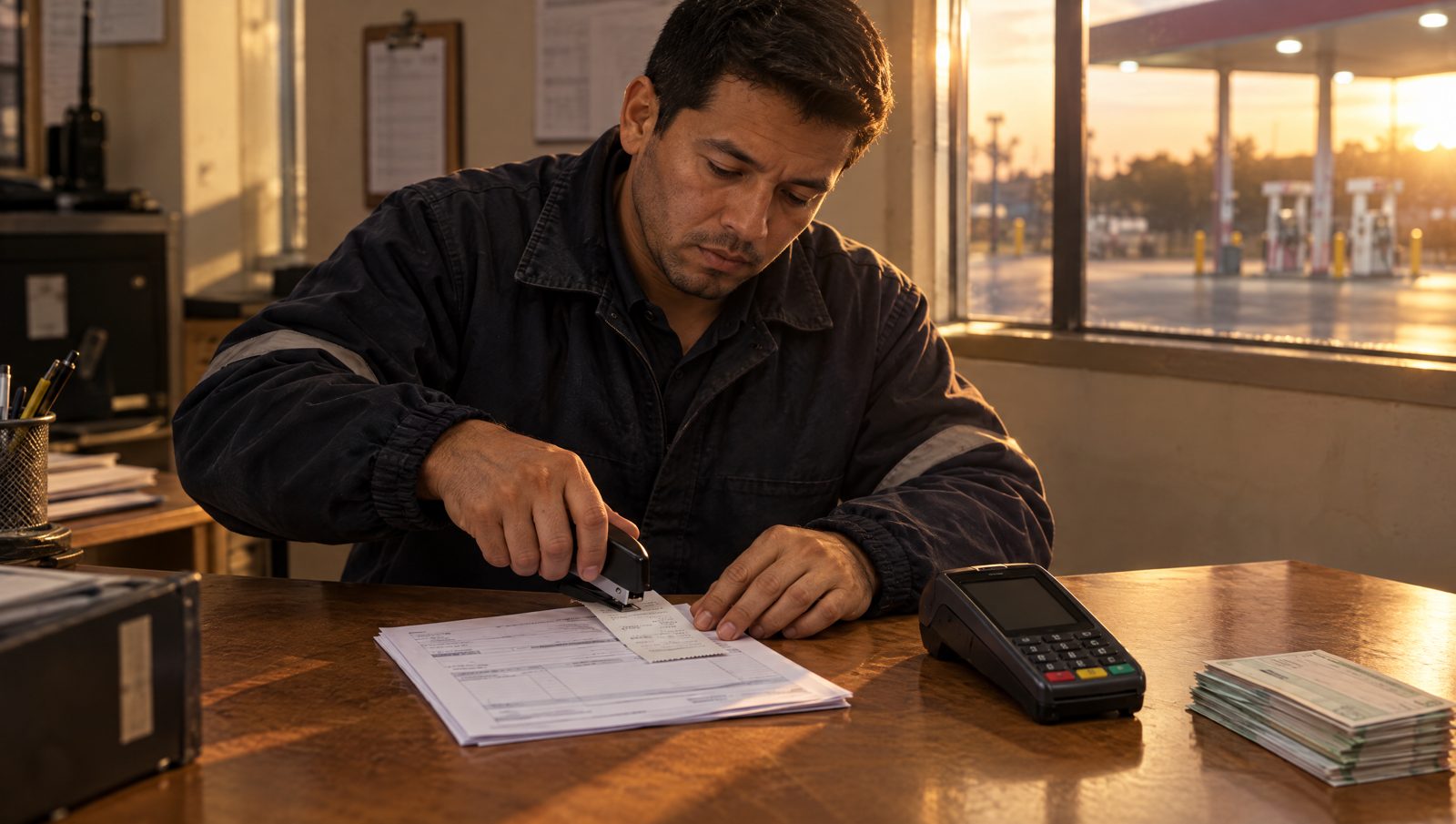Javier, el gerente, engrapa el voucher de una venta con tarjeta a su factura, con la terminal de cobro y el estado del banco sobre el escritorio.
