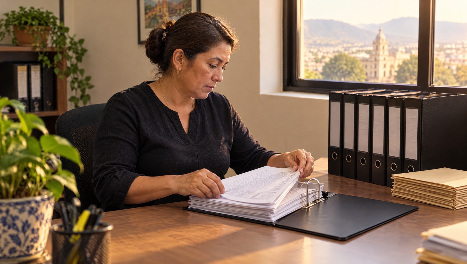 Tere, la contadora, archiva en su carpeta la póliza del día; a un lado, los sobres de la nómina.