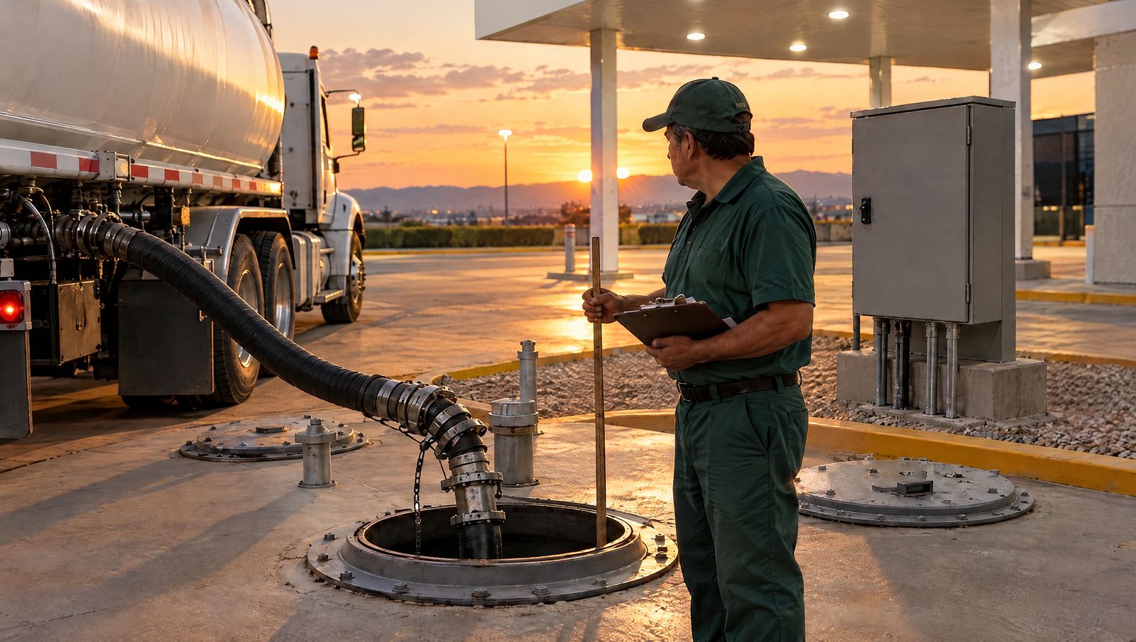Una pipa descarga combustible en el tanque de la estación mientras Luis, con la varilla y su tablilla, mide la descarga.